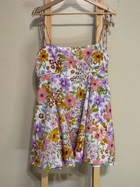 Floral Tie-Strap Mini Dress in White with Pink & Purple Blooms